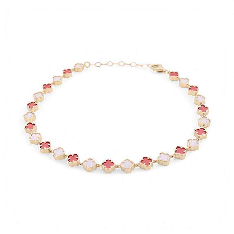 14K Yellow Gold White and Red Flower Bracelet Women's - Miral Jewelry