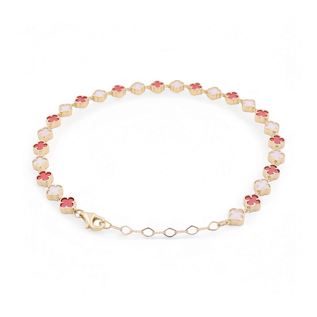 14K Yellow Gold White and Red Flower Bracelet Women's - Miral Jewelry