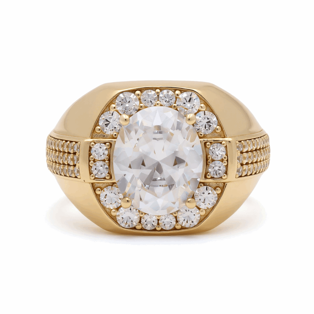 14K Yellow Gold Men's Oval CZ Halo Ring 7.8 g
