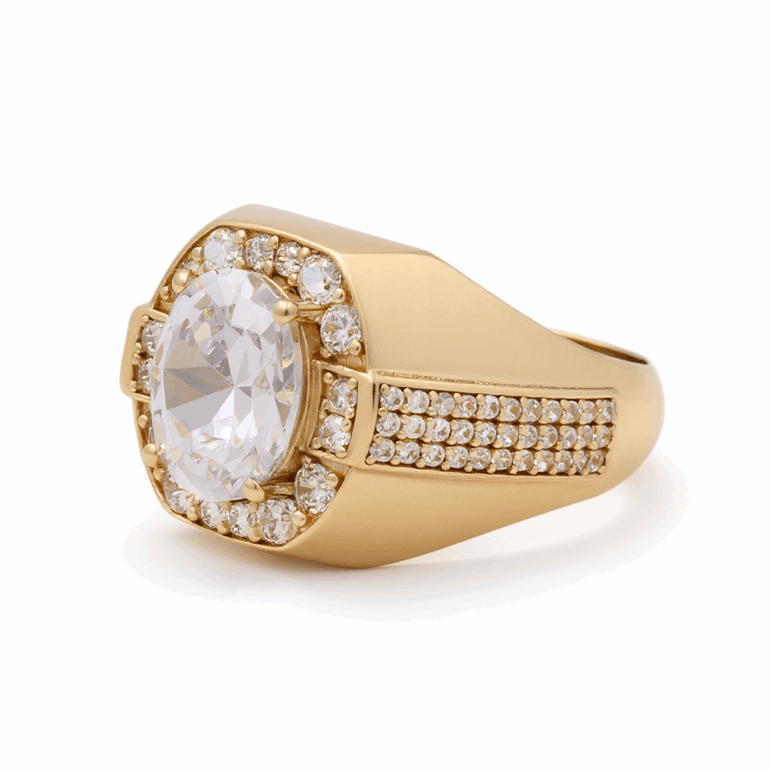 14k Yellow Gold White Oval CZ Men's Fashion Ring - Miral Jewelry