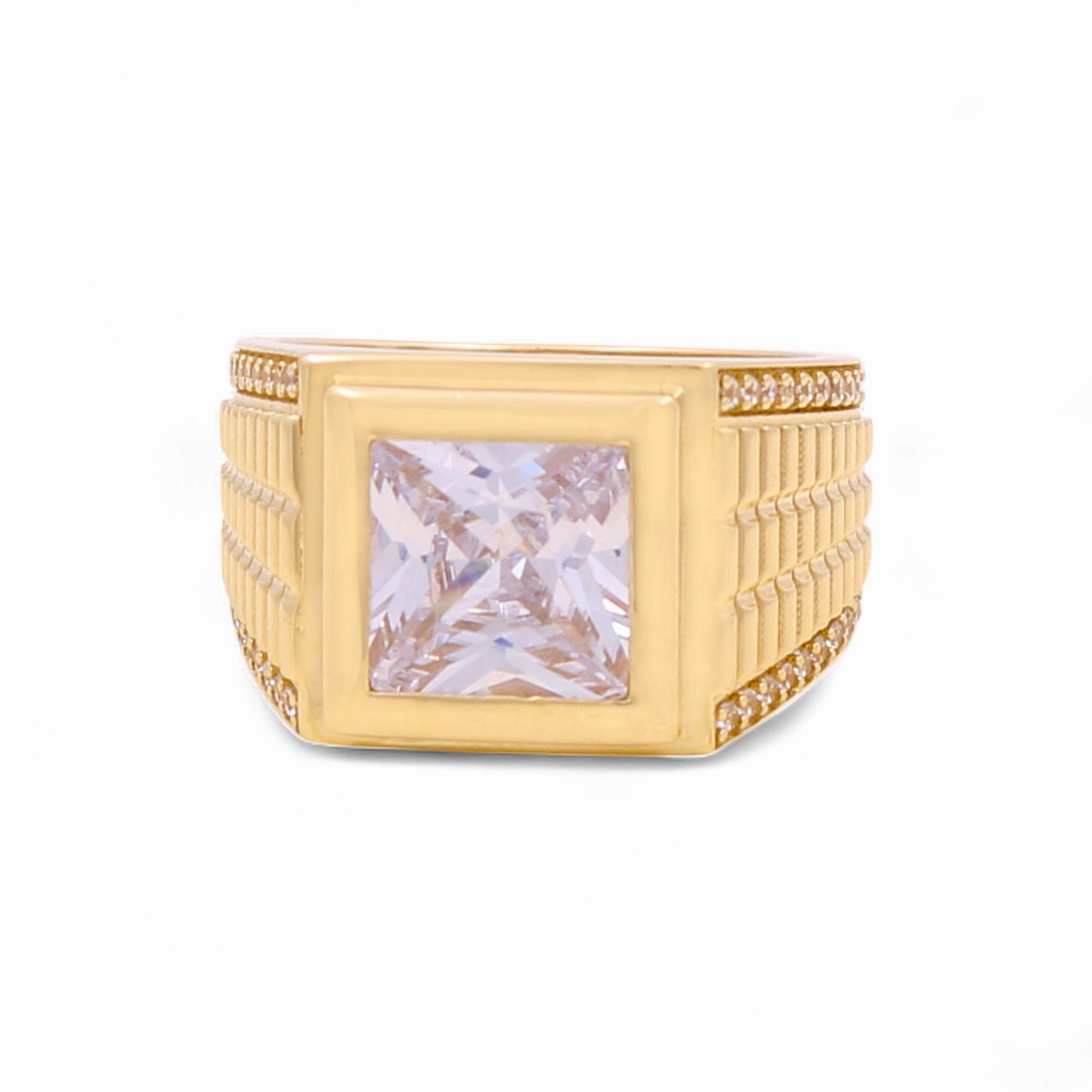 14K Yellow Gold Men's Square White Stone Ring with Fluted Sides 9.3 g