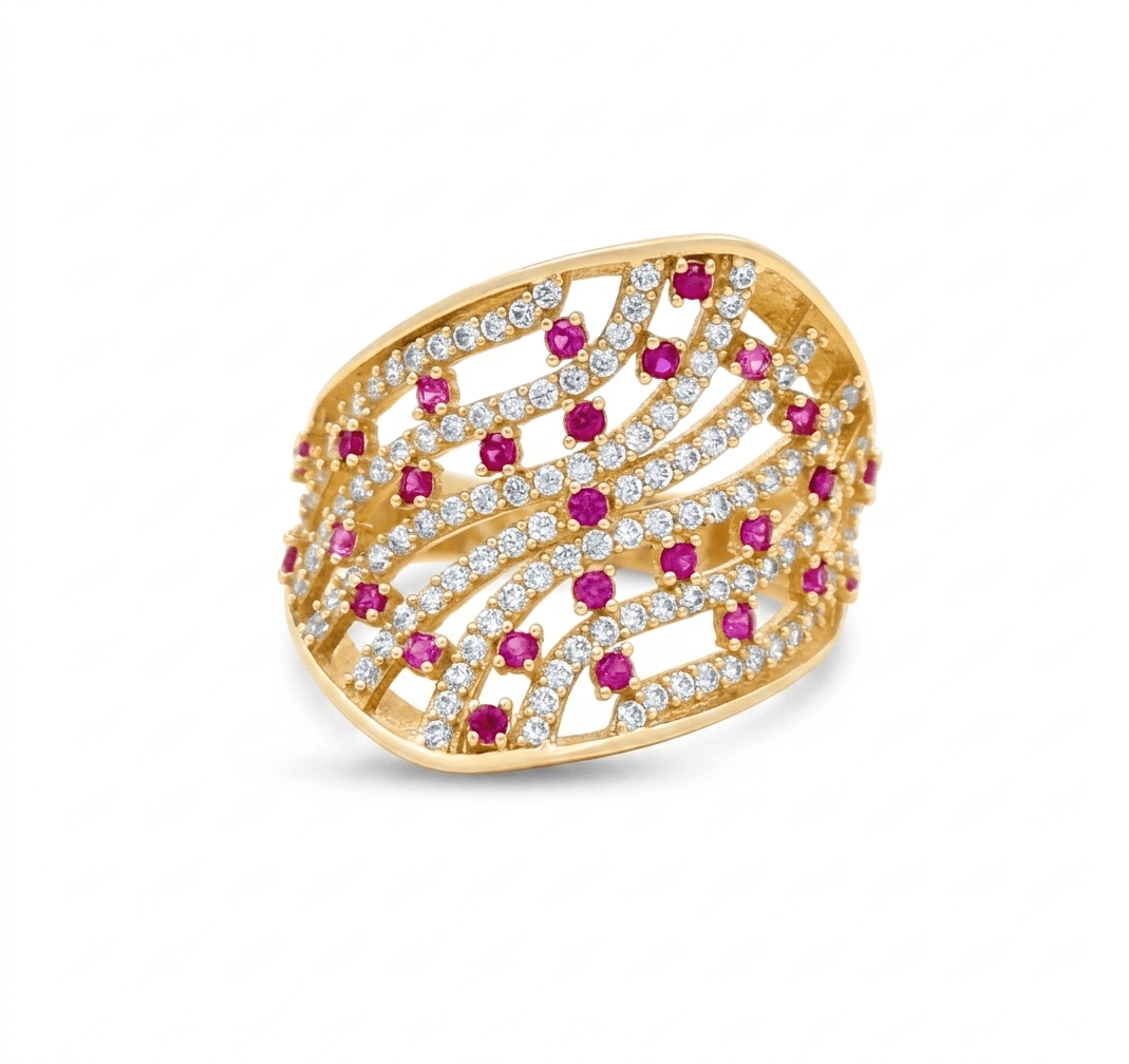 14K Yellow Gold with Red and White Cz Fashion Women's Ring - Miral Jewelry