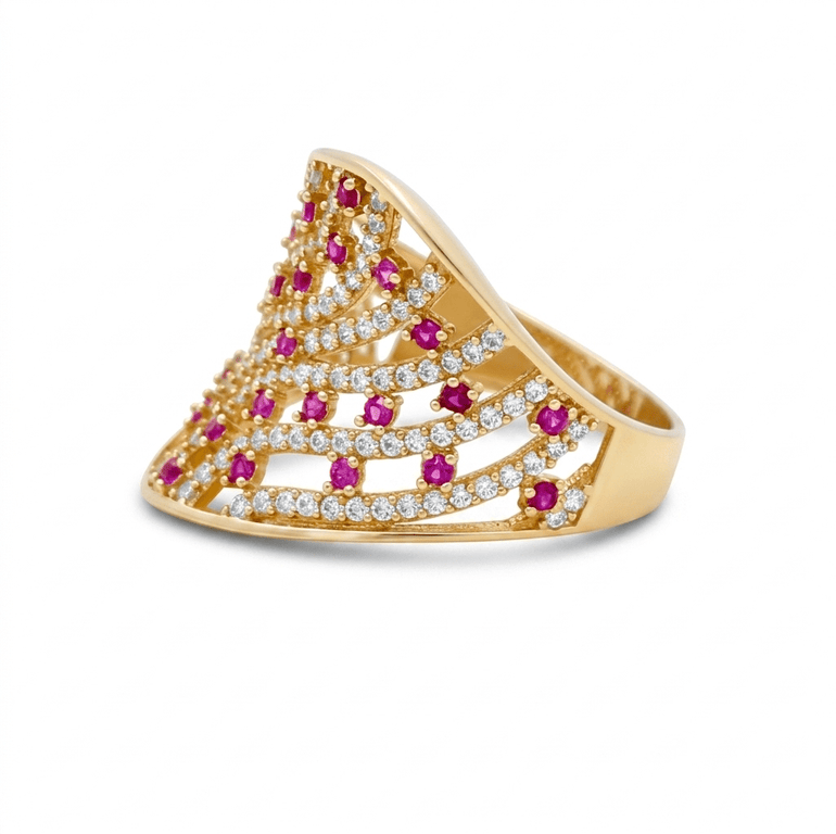 14K Yellow Gold with Red and White Cz Fashion Women's Ring - Miral Jewelry