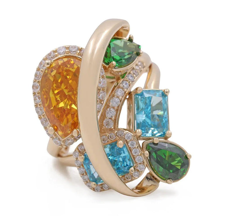 14K Yellow Gold Women's Fashion Stones Ring with Cubic Zirconias - Miral Jewelry