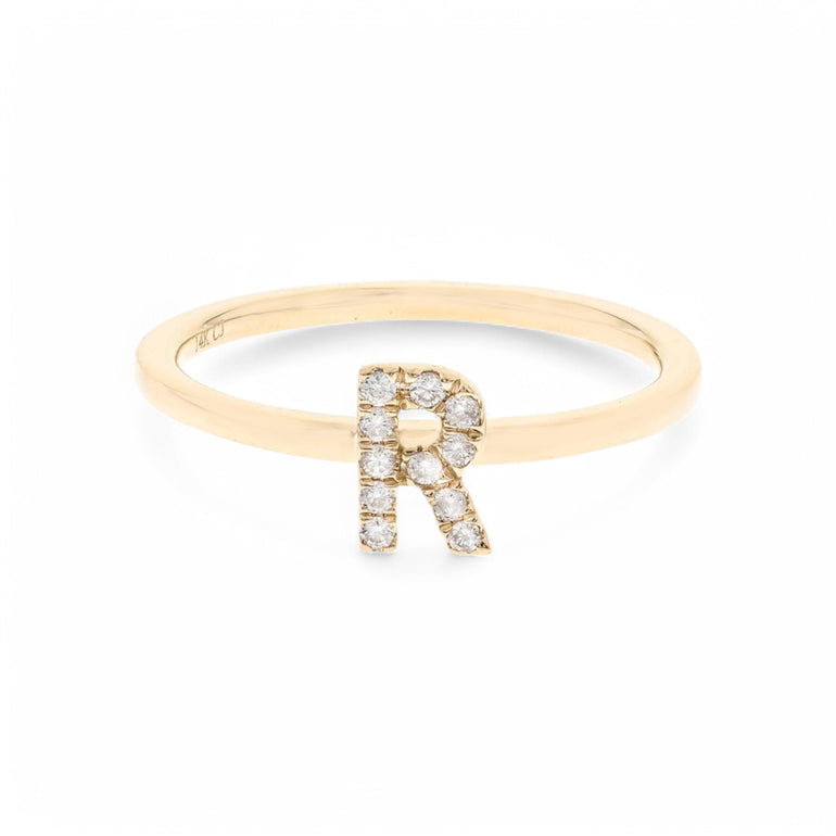 14K Yellow Inicial R Diamond Fashion Ring with 0.09Tw Round Diamonds - Miral Jewelry