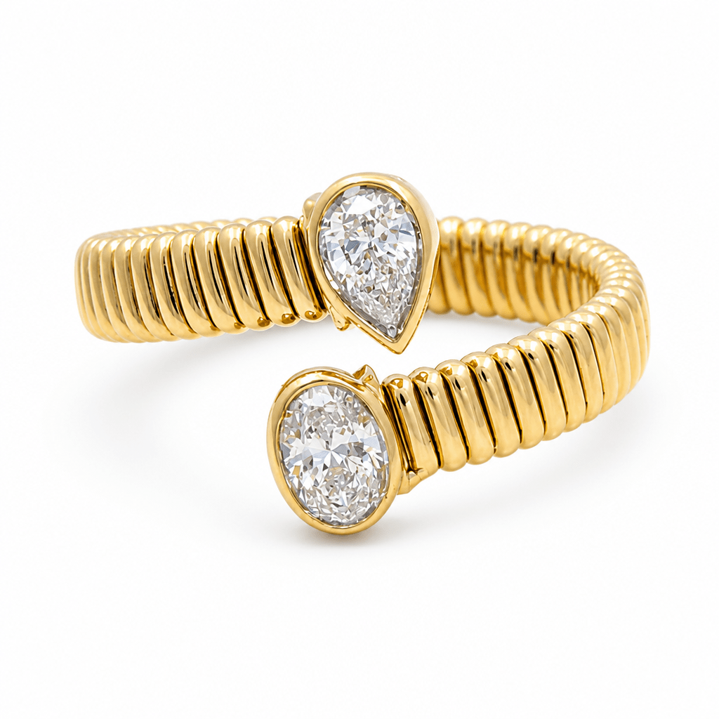 14K Yellow Modern Diamond Fashion Ring with 0.24Tw Oval Diamonds and 0.18Tw Pear Diamonds - Miral Jewelry