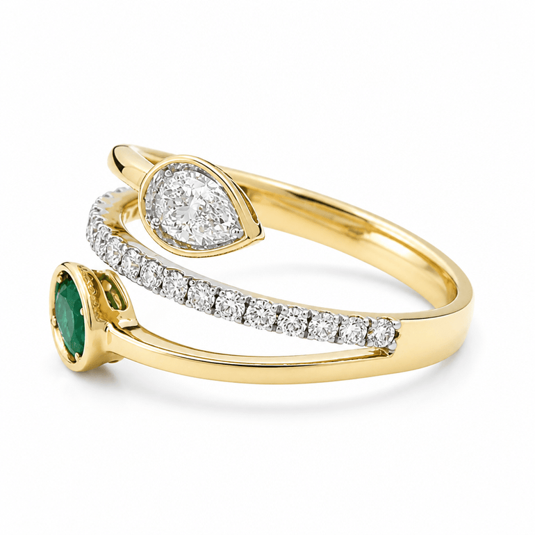 14K Yellow Modern Diamond Fashion Ring with 0.28Tw Pear Diamonds and 0.35Tw Oval Emeralds - Miral Jewelry