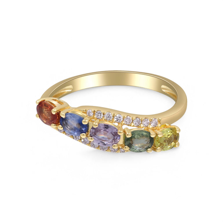 14K Yellow Modern Fashion Ring with 0.11Tw Round Diamonds and 1.09Tw Multiple Color Stones - Miral Jewelry