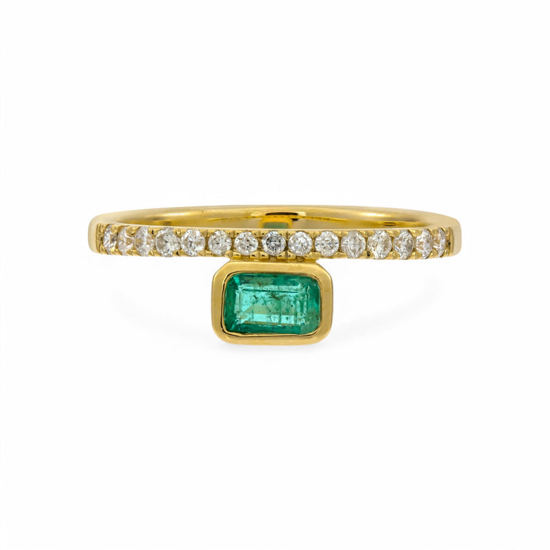 14K Yellow Modern Fashion Ring with 0.30Tw Rectangular Cushion Emeralds and 0.21Tw Round Diamonds - Miral Jewelry