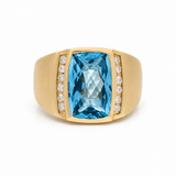 14K Yellow Satin Contemporary Fashion with Rectangular Cushion Blue Topazs and 0.30 Tw Round Diamonds Men's Ring - Miral Jewelry