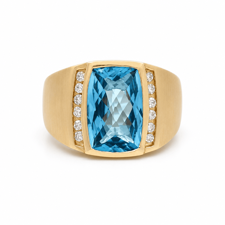 14K Yellow Satin Contemporary Fashion with Rectangular Cushion Blue Topazs and 0.30 Tw Round Diamonds Men's Ring - Miral Jewelry