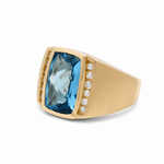 14K Yellow Satin Contemporary Fashion with Rectangular Cushion Blue Topazs and 0.30 Tw Round Diamonds Men's Ring - Miral Jewelry