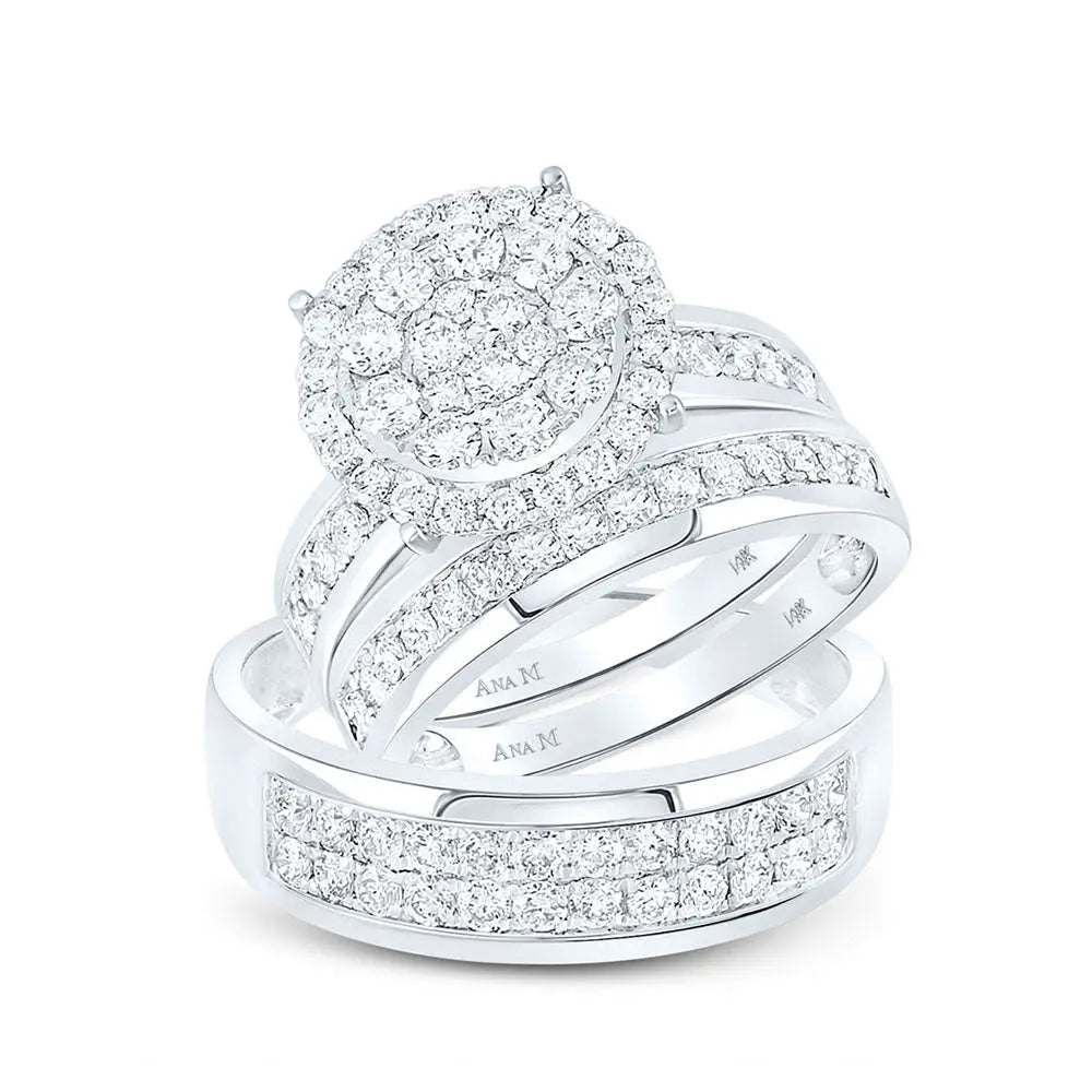 Round Diamond Cluster Matching Wedding Ring Set 1-7/8 Cttw