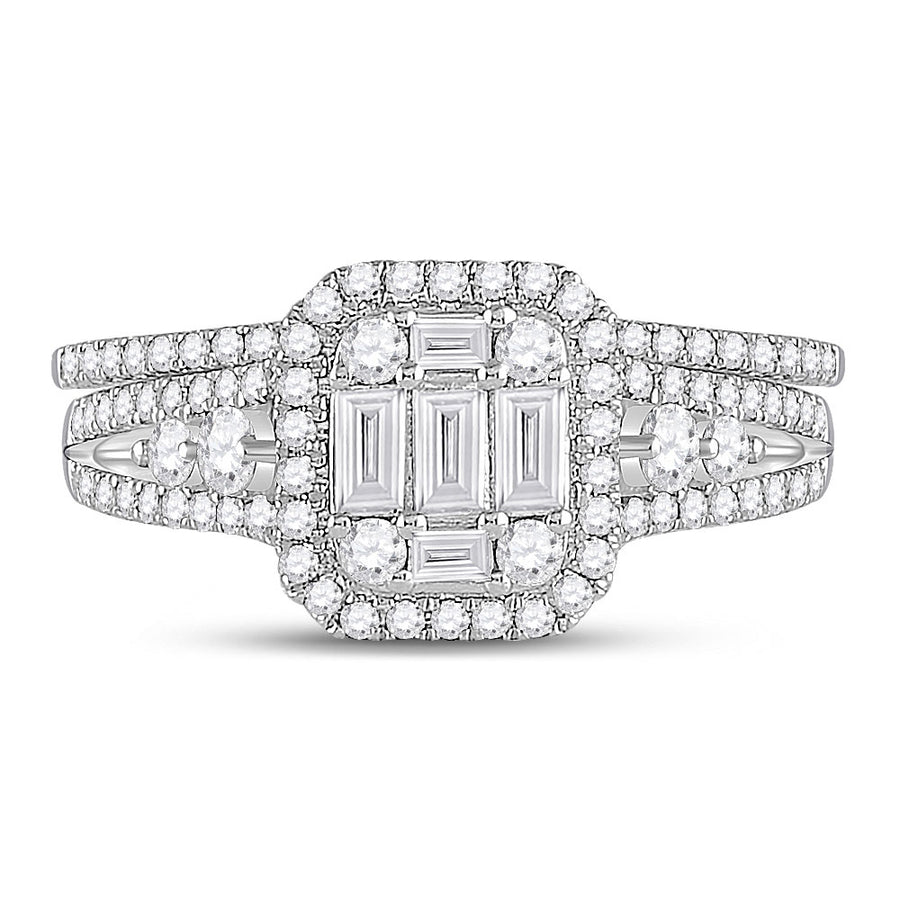 A Miral Jewelry 14k White Gold Round Diamond Bridal Wedding Ring Set 1 Cttw set with baguettes and diamonds.
