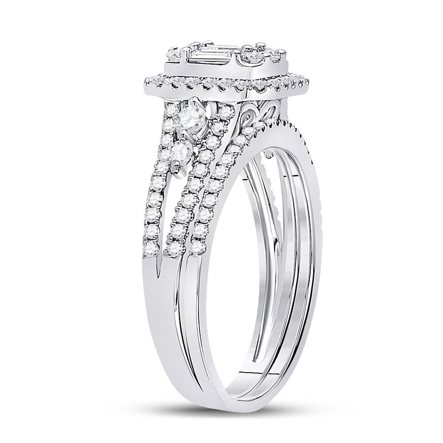 A Miral Jewelry 14k White Gold Round Diamond Bridal Wedding Ring Set 1 Cttw, set with baguette cut diamonds, available in ring size 7.