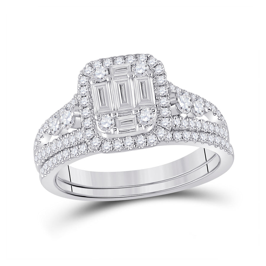 A stunning 14k White Gold Round Diamond Bridal Wedding Ring Set 1 Cttw adorned with baguette cut diamonds, perfect for any bride-to-be, by Miral Jewelry.