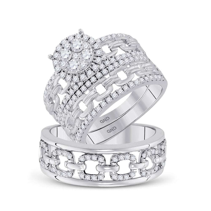 Round Diamond Cluster Matching Wedding Ring Set 1-3/8 Cttw