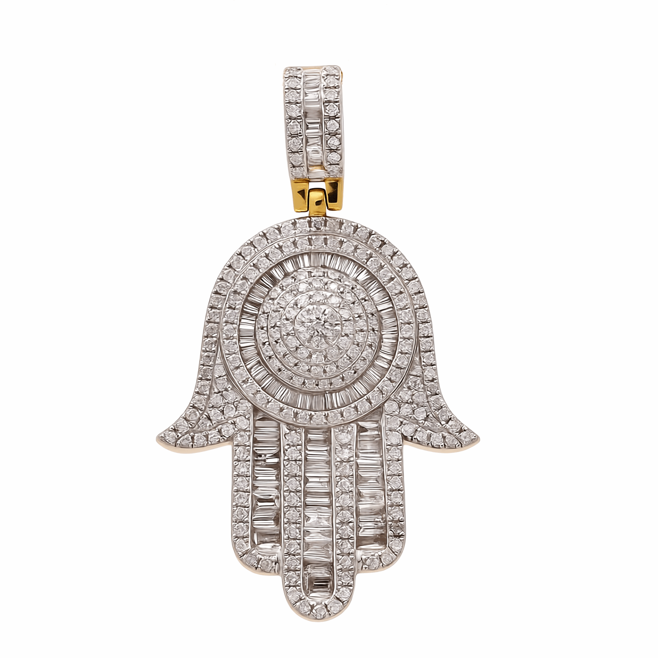 10k Yellow Gold  Hamsa Hand Diamond Pendant with 1.00Tw Baguette and Round Diamonds
