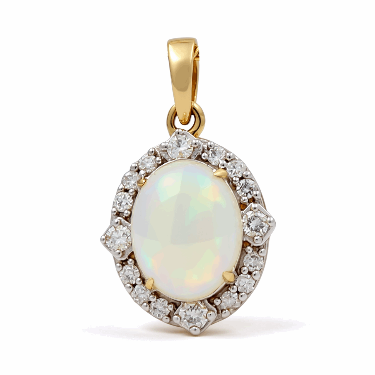 10k Yellow Gold  Oval Diamond Pendant with 0.20Tw Round Diamonds and Opal
