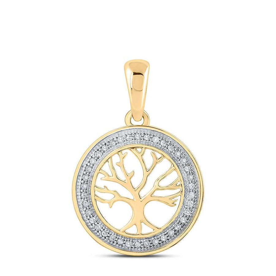 10k Yellow Gold Round Diamond Tree of Life Circle Pendant 1/10 Cttw