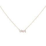Introducing the 14K Yellow Gold Fashion Diamond Women Necklace by Miral Jewelry, a delicate piece featuring a gold chain with a pendant elegantly spelling "love" in cursive and adorned with small crystals. Crafted from 14K yellow gold, this exquisite necklace adds both charm and sophistication to your collection.