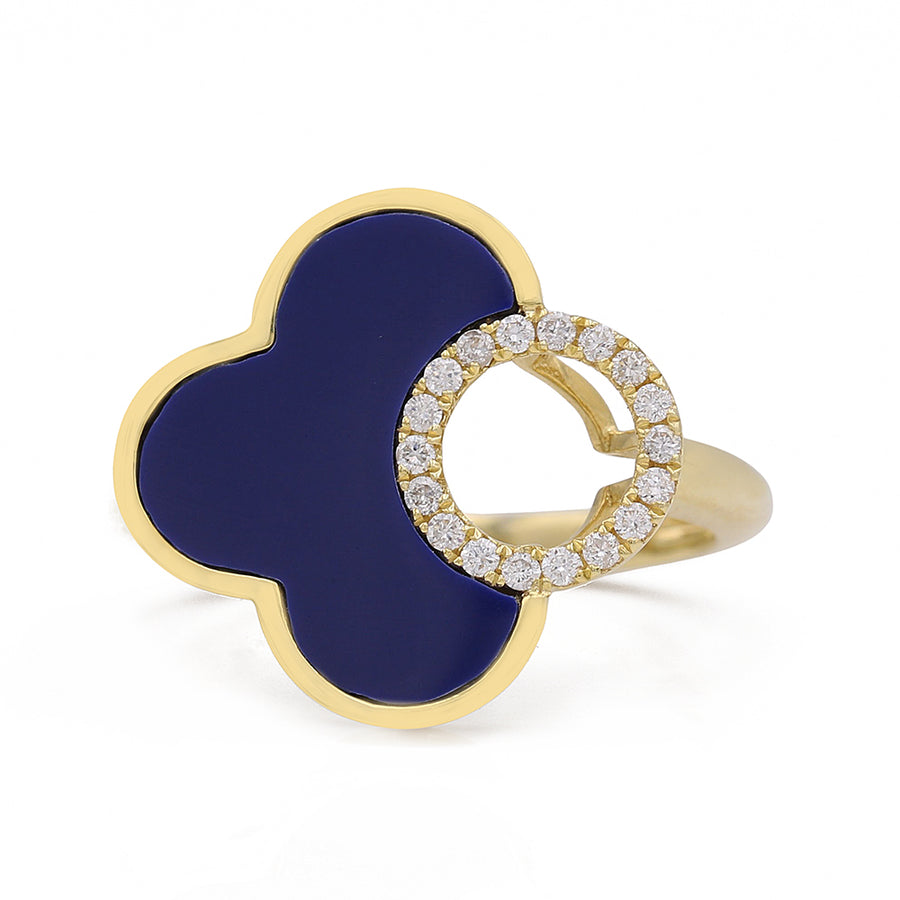 A Miral Jewelry Yellow Gold 14K Fashion Ring With Diamonds, blue enamel.