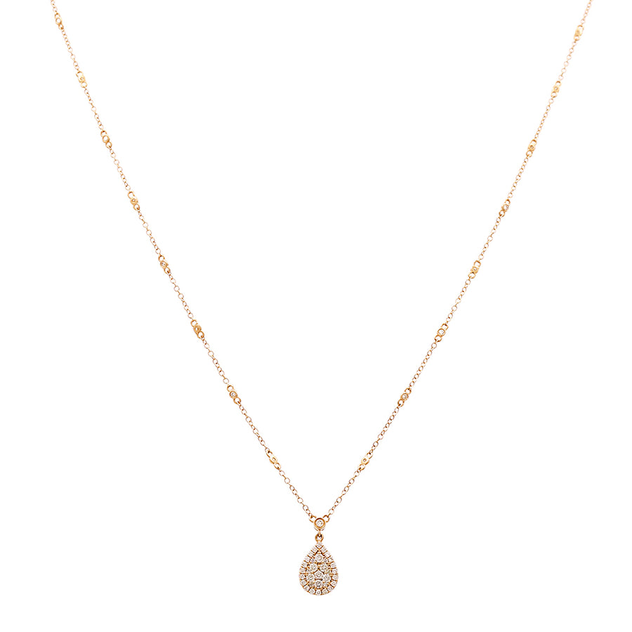 An elegant teardrop pendant hangs from a Miral Jewelry 14K yellow gold chain in this exquisite women's necklace.