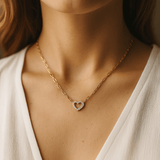 18k Yellow Gold Paper Clip with Heart Diamond Necklace with 0.69 Tw Round Diamonds