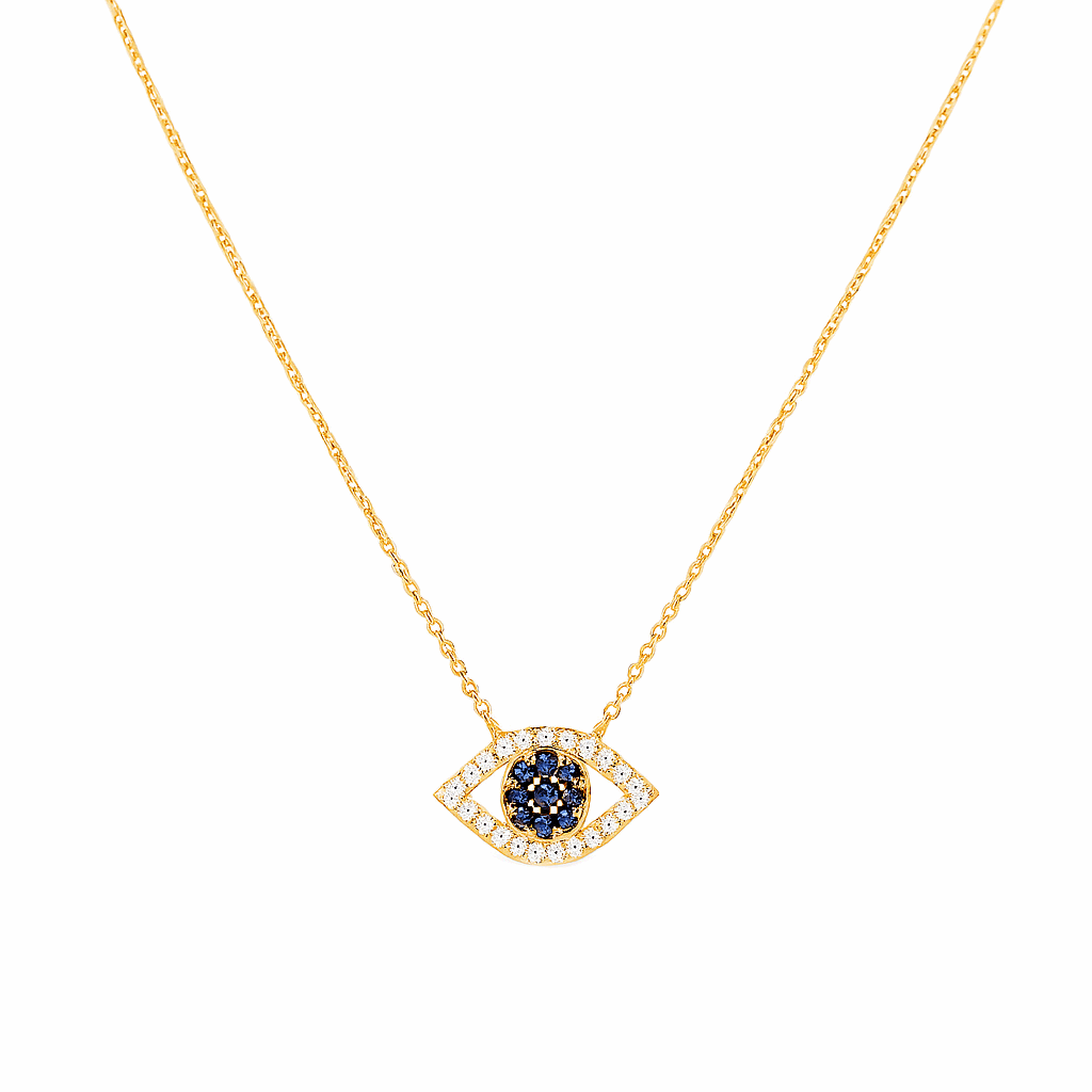 14k Yellow Gold Eye Diamond Necklace with 0.05Tw Round Diamonds and 0.10Tw Round Sapphires