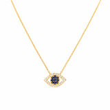 14k Yellow Gold Eye Diamond Necklace with 0.05Tw Round Diamonds and 0.10Tw Round Sapphires