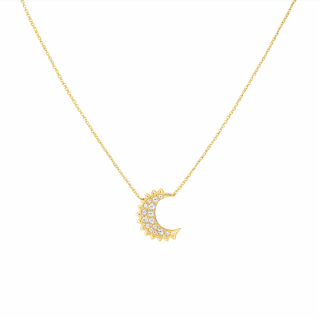 14k Yellow Gold Moon Diamond Necklace with 0.15Tw Round Diamonds
