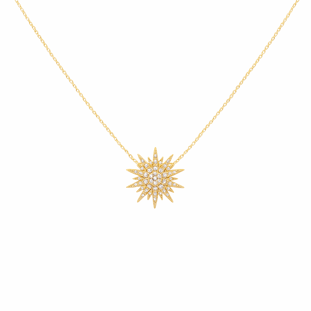 14k Yellow Gold Sun Diamond Necklace with 0.18Tw Round Diamonds