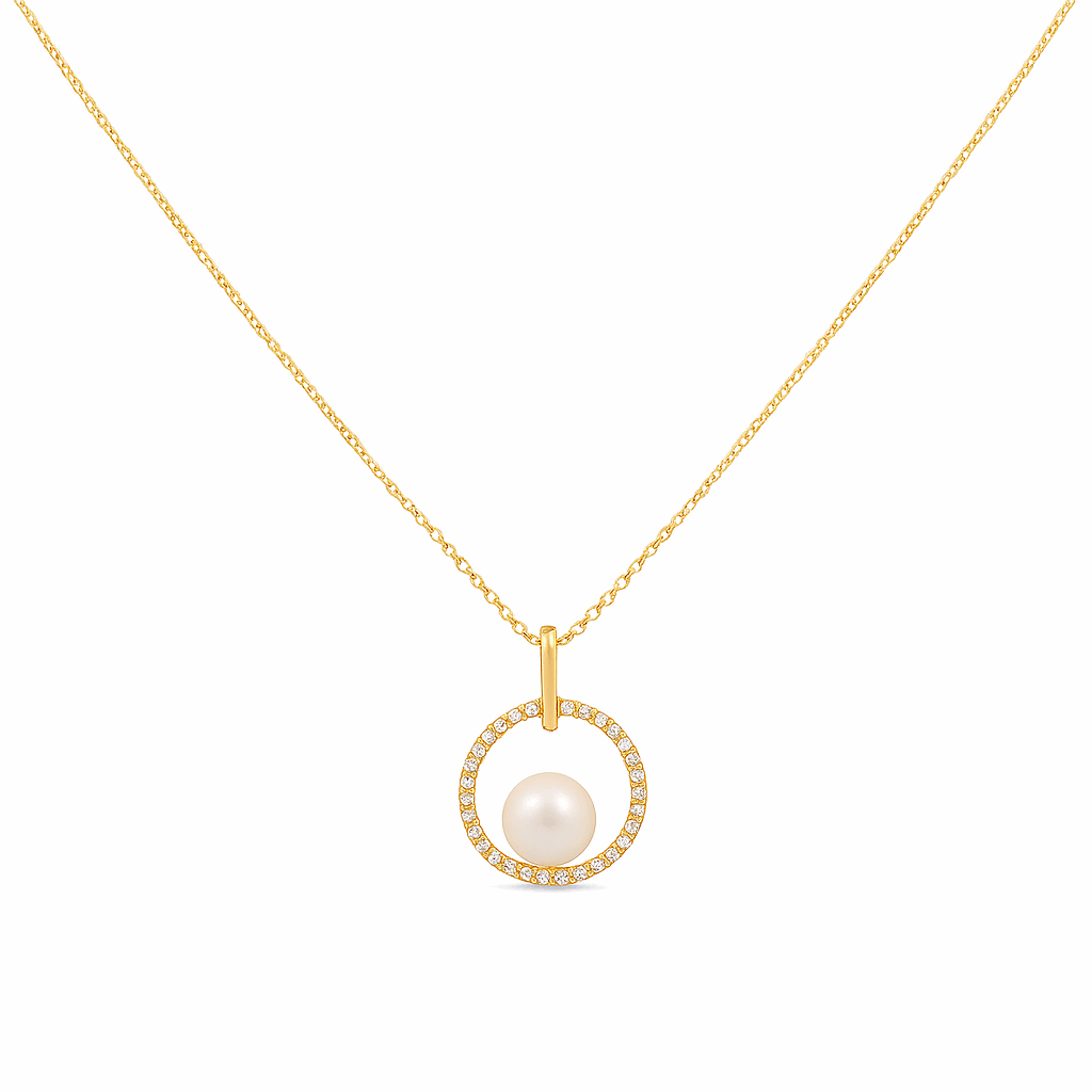 14k Yellow Gold Pearl Diamond Necklace with 0.10Tw Round Diamonds
