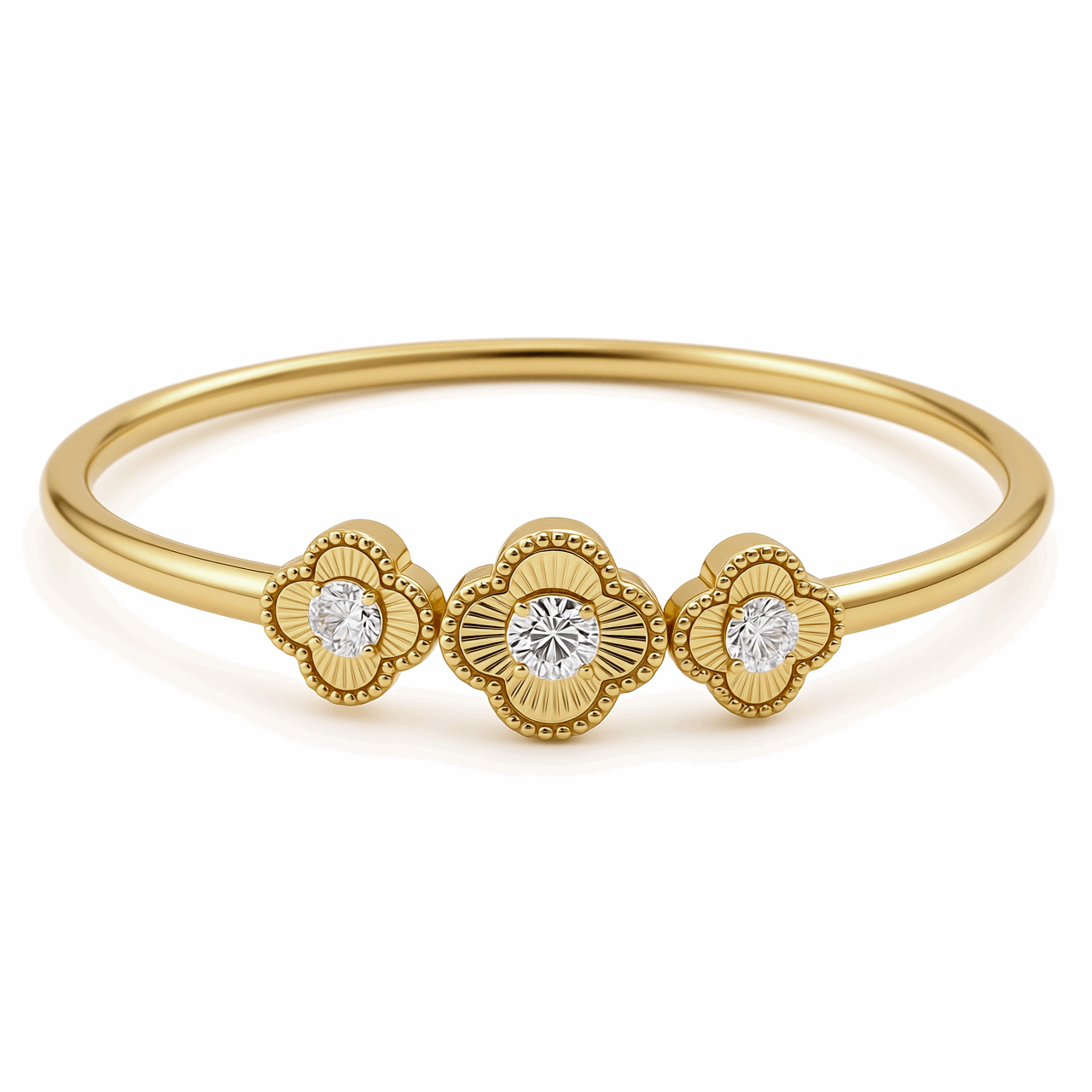 Yellow Gold 10K  Bangle with 3 Flower Diamond Bracelet with 0.33Tw Round Diamonds