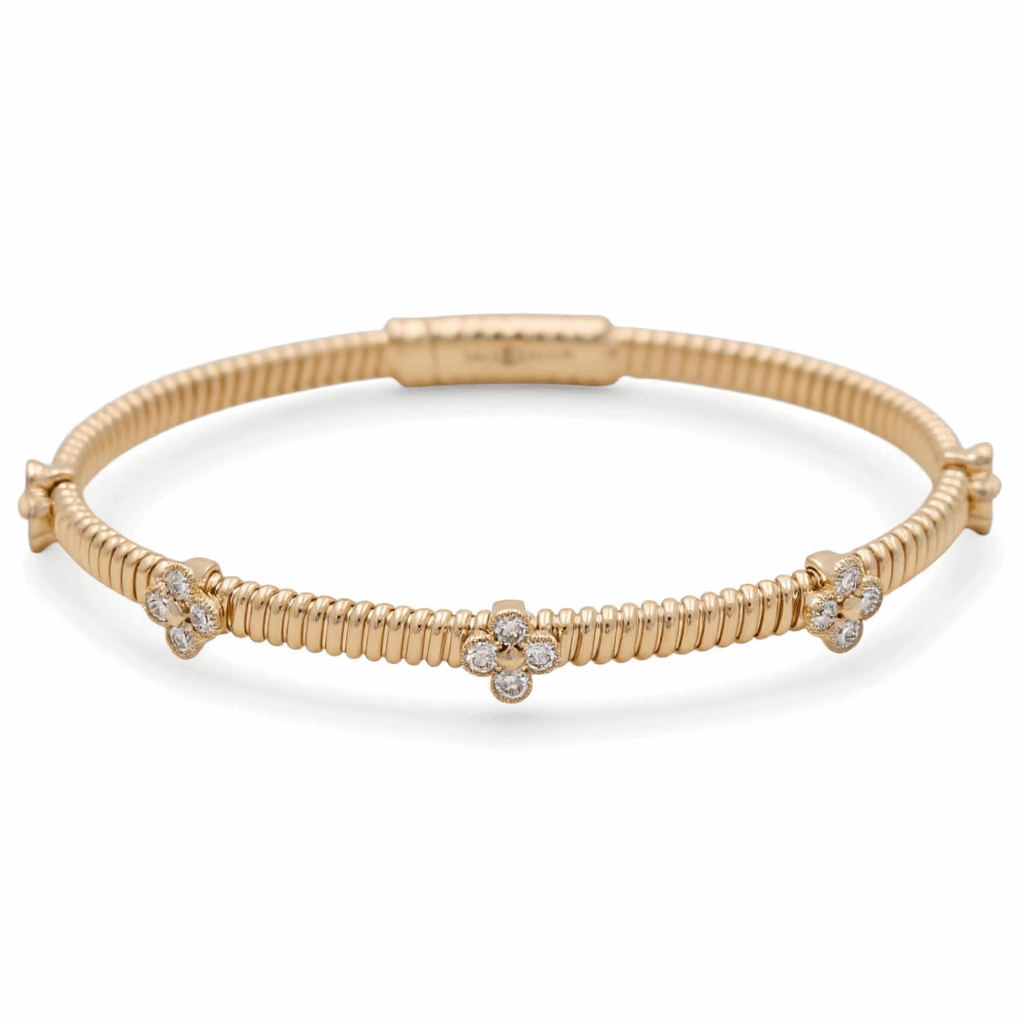 Yellow Gold 14K  Bangle  Flower Diamond Bracelet with 0.75Tw Round Diamonds
