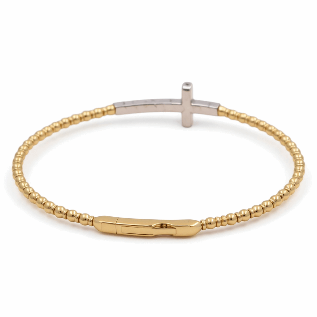 Two Tone White/Yellow Gold 14K  Bangle with Cross Diamond Bracelet 0.75 Tw Round Diamonds