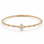 Yellow Gold 14K  Bangle Bracelet  with 0.33 Tw Round Diamonds wiith Mop Flower