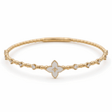 Yellow Gold 14K  Bangle Bracelet  with 0.33 Tw Round Diamonds wiith Mop Flower