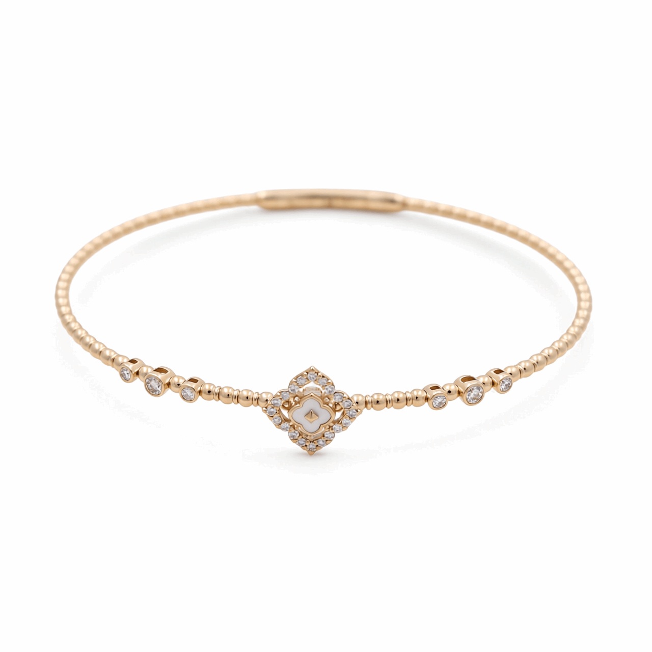 Yellow Gold 14K  Bangle Diamond and Mop Flower Bracelet with 0.20Tw Round Diamonds