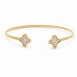 Yellow Gold 14K Bangle with 2 Flowers with Diamond Women's Bracelet with 0.37Tw Round Diamonds