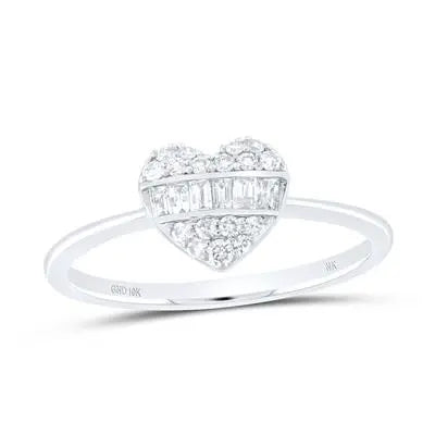 10K White Gold  Heart Woman Fashion Ring with 0.25Tw Round and Baguette Diamonds Miral Jewelry
