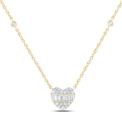A Miral Jewelry 1/4ctw-Diamond 10K Fashion Heart Necklace(18 Inch) adorned with diamonds, exuding elegance, and gracefully suspended on a yellow gold chain.