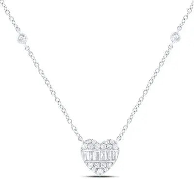 10K White Gold Heart  Diamond Women's Necklace wiht 0.25Tw Round and Baguette Diamonds Miral Jewelry