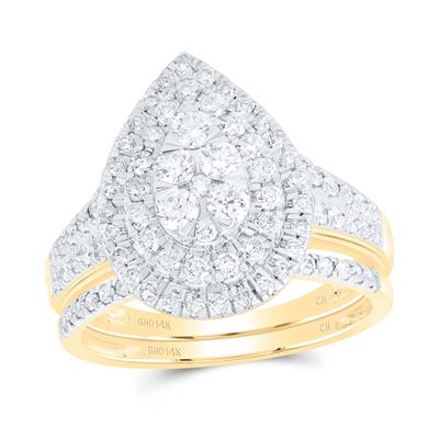 A Miral Jewelry 1ctw-Diamond Fashion Pear Bridal Set, featuring a pear shaped diamond, set in yellow gold.