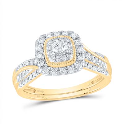 A fashion-forward Miral Jewelry bridal set with a yellow gold band, featuring a stunning 1/2ctw-Diamond Fashion Cushion Bridal Set.