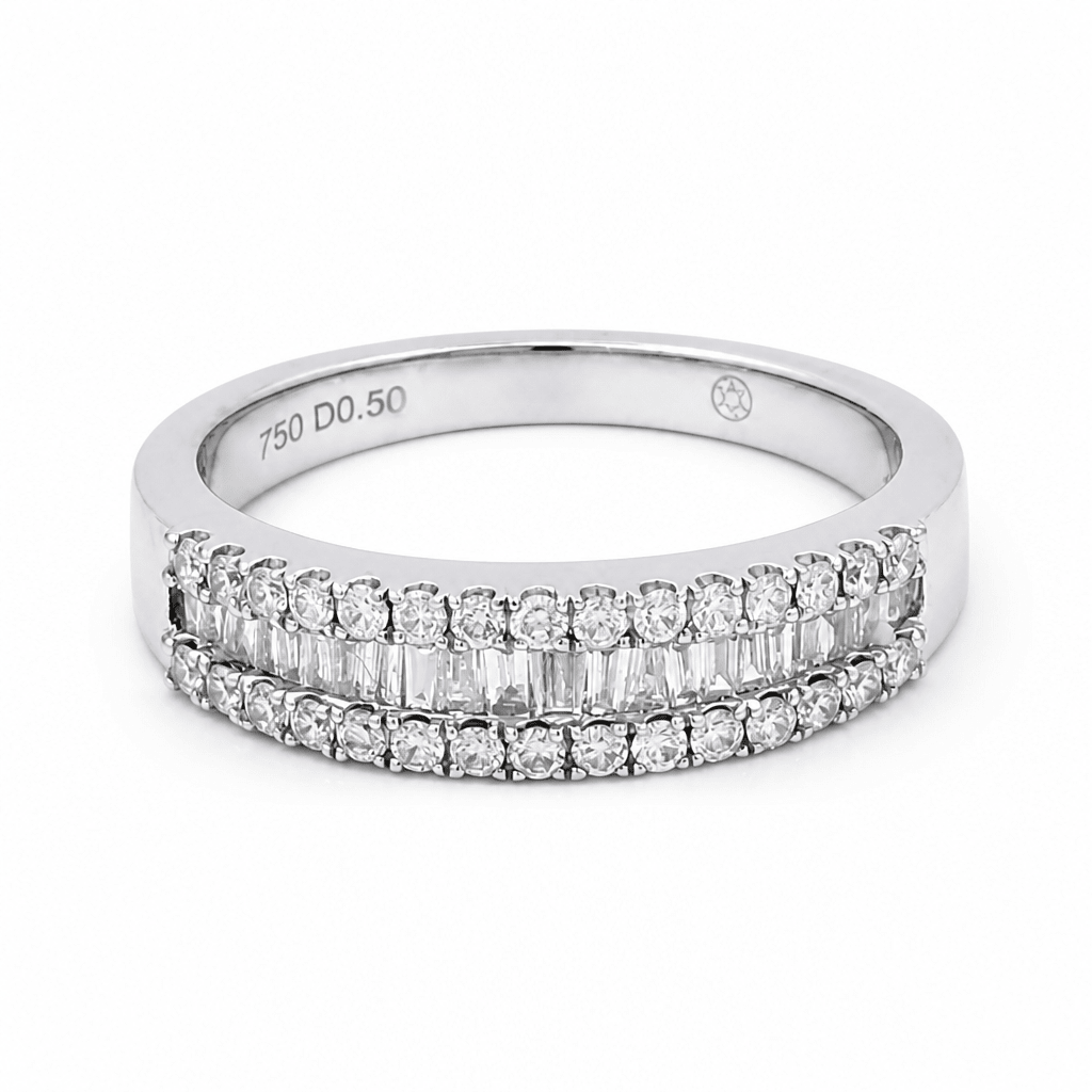 18K White Gold Band Diamond Fashion Ring with 0.58Tw Baguette Diamond - Miral Jewelry