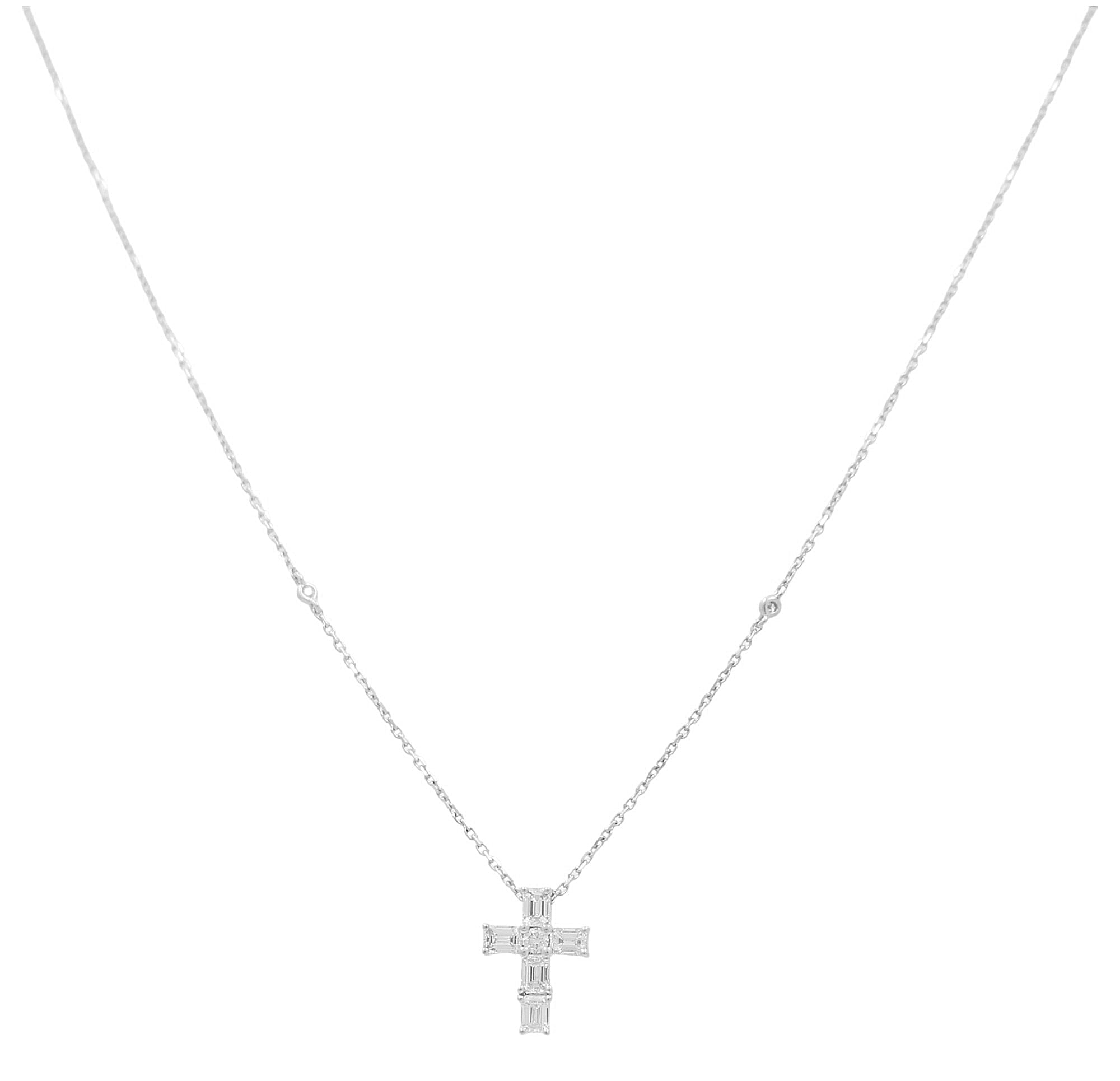 18k White Gold Cross Diamond Necklace with 0.60 Tw Emerald Diamonds and 0.07 Tw Round Diamonds - Miral Jewelry