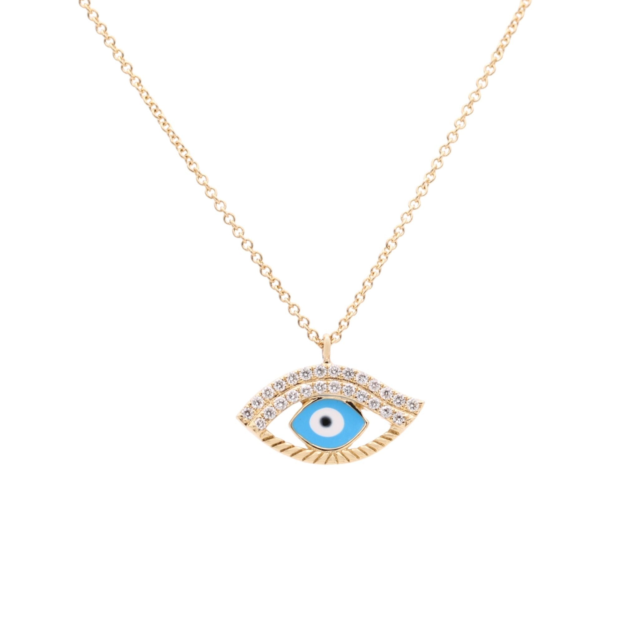 18k Yellow Gold Evil Eye Diamond Necklace 18" with 0.12Tw Round Diamonds - Miral Jewelry