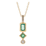 18K Yellow Gold Fancy Link Diamond Necklace with 0.26 Ractangular Cushion Emeralds and 0.08Tw Round Diamonds - Miral Jewelry