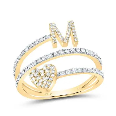 14K Yellow Gold  Inicial M Woman Ring with Round Diamonds Miral Jewelry